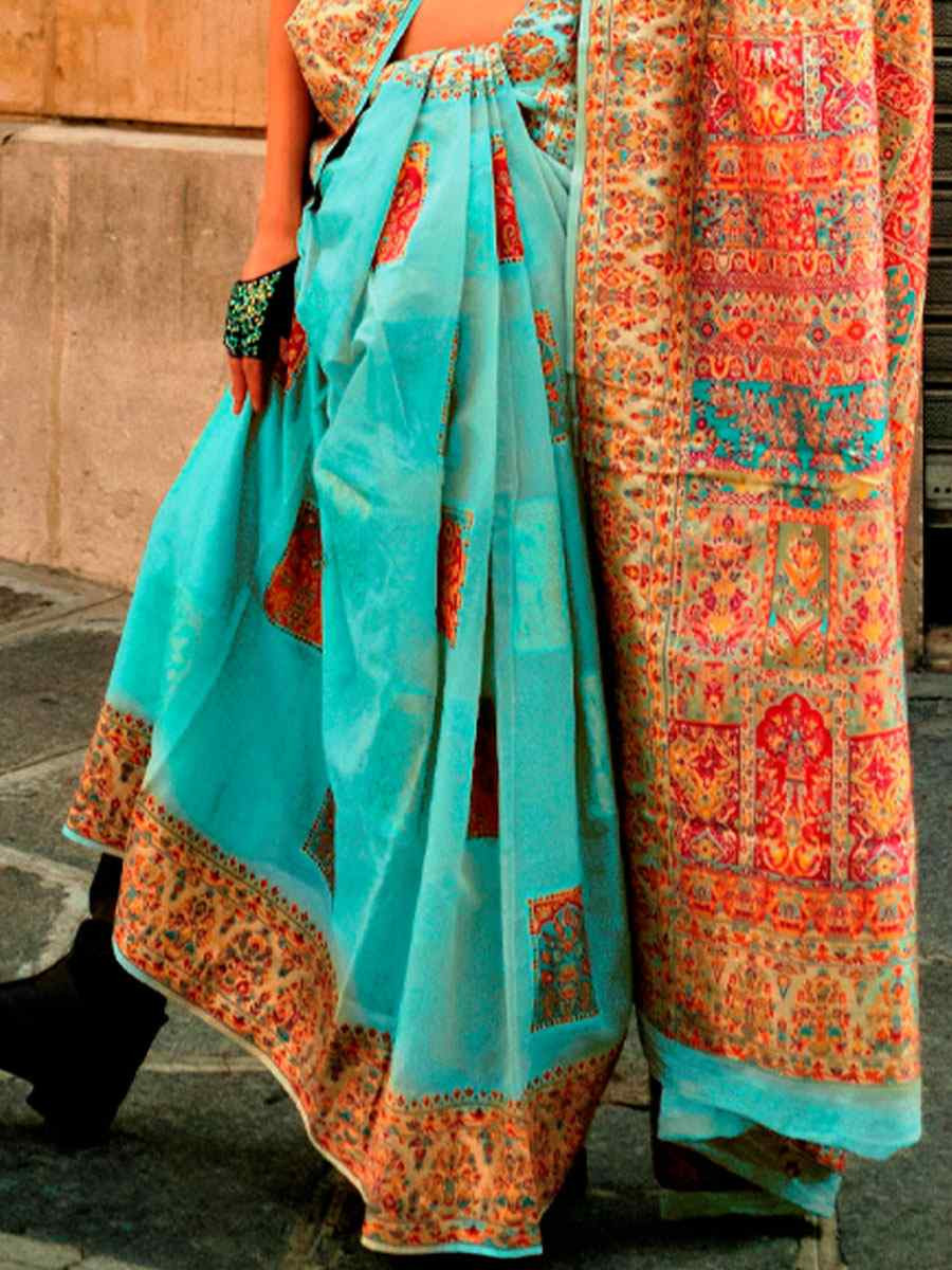 Turquoise Blue Silk Handwoven Traditional Bridal Reception Festival Wedding Fancy Heavy Border Saree
