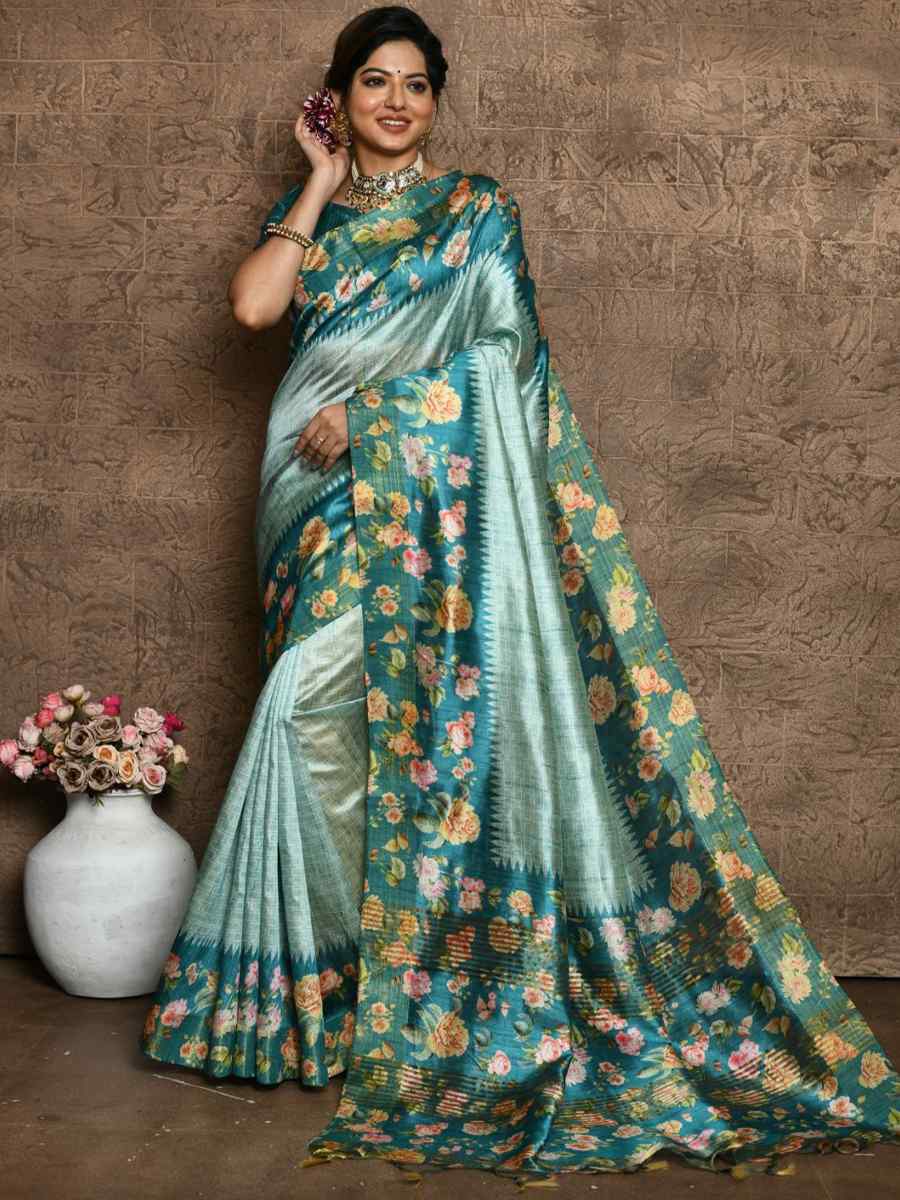 Turquoise Blue Silk Printed Casual Festival Contemporary Saree