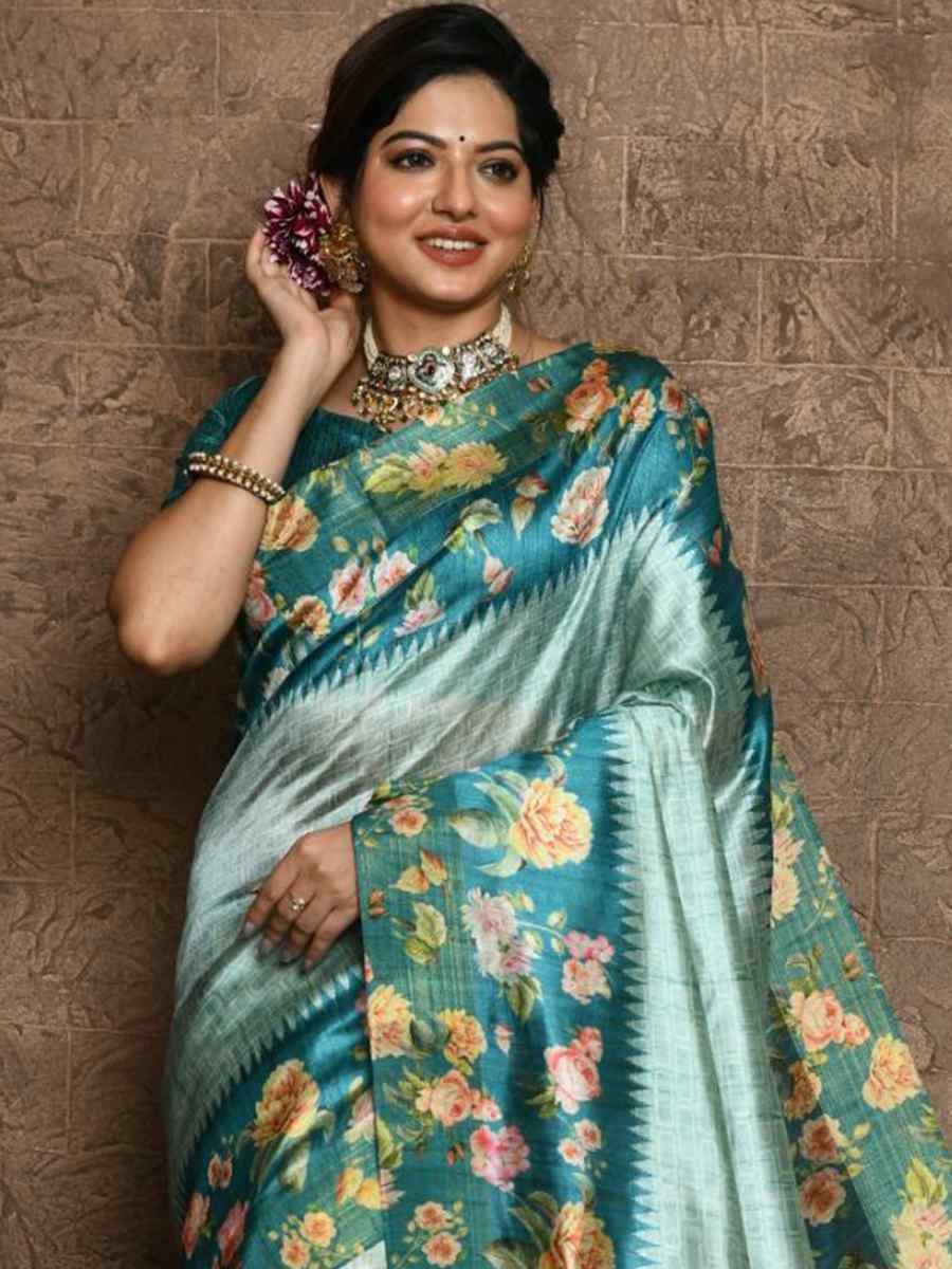 Turquoise Blue Silk Printed Casual Festival Contemporary Saree