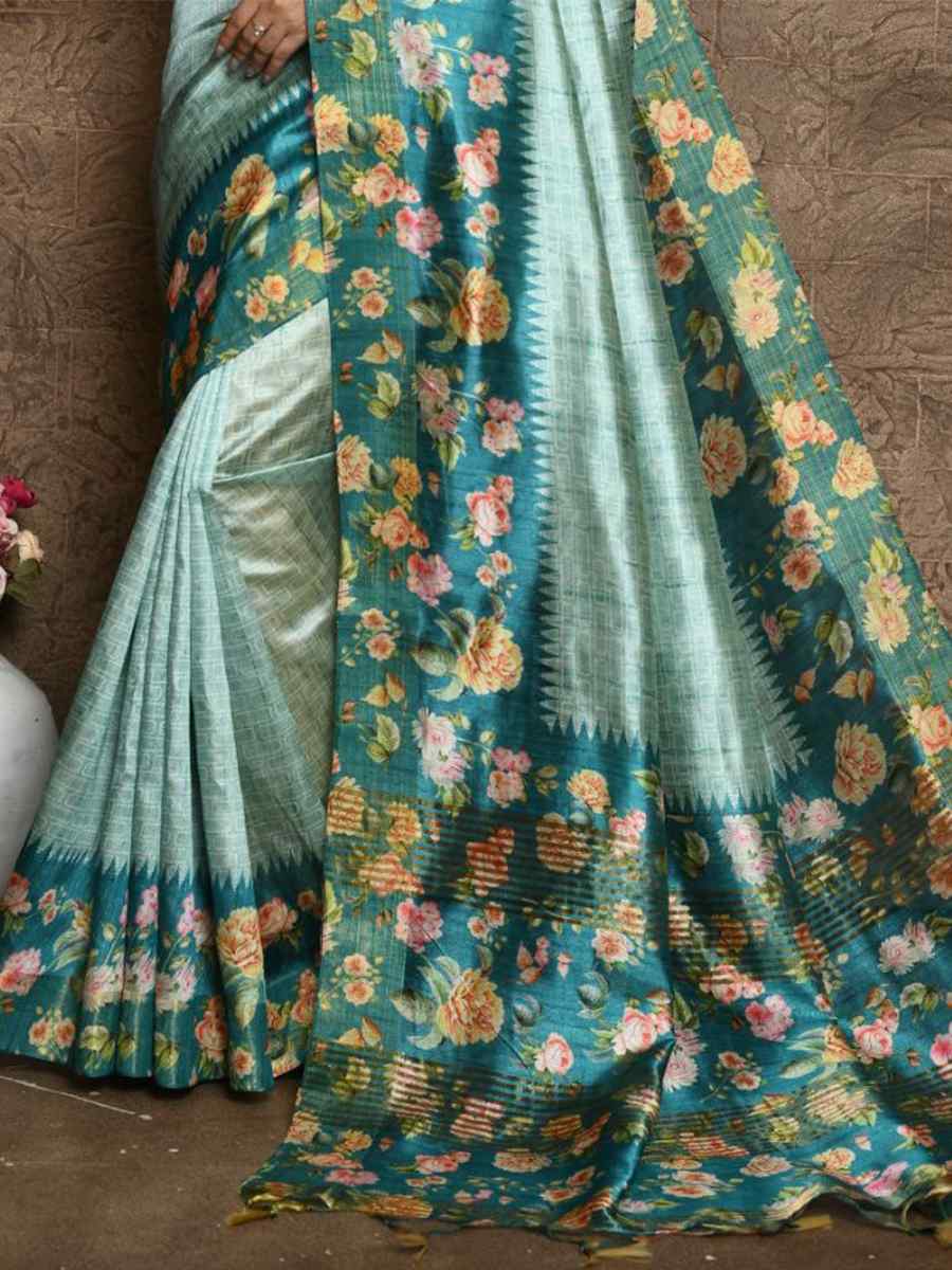 Turquoise Blue Silk Printed Casual Festival Contemporary Saree