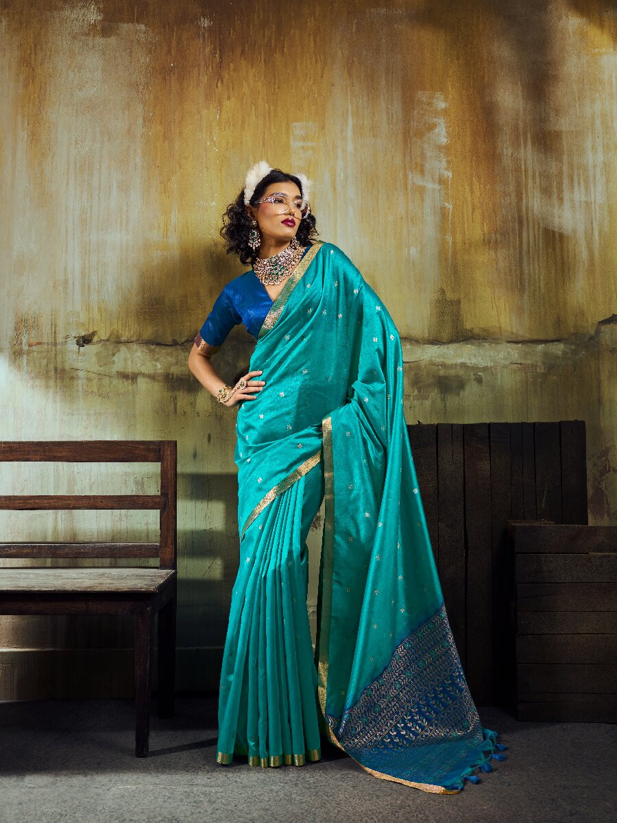 Turquoise Blue Tussar Silk Handwoven Weaving Wedding Reception Party Festival Heavy Border Sarees