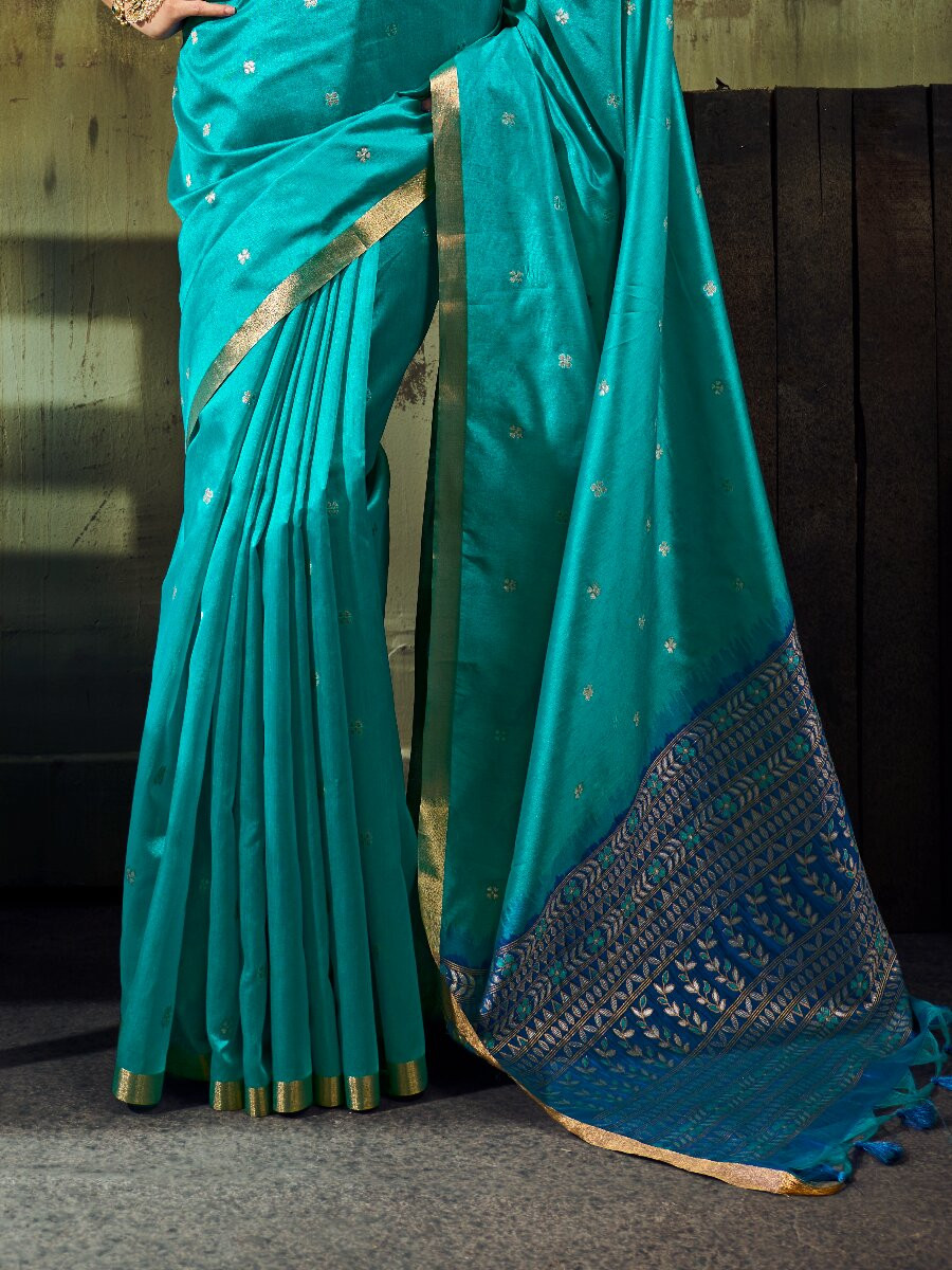 Turquoise Blue Tussar Silk Handwoven Weaving Wedding Reception Party Festival Heavy Border Sarees