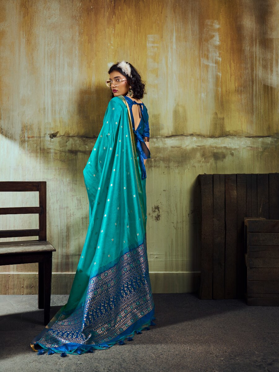 Turquoise Blue Tussar Silk Handwoven Weaving Wedding Reception Party Festival Heavy Border Sarees