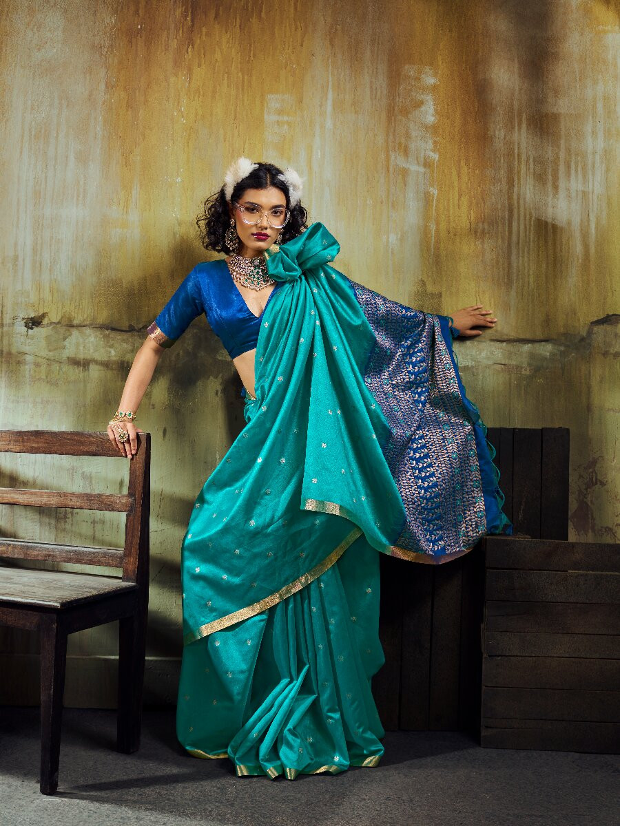 Turquoise Blue Tussar Silk Handwoven Weaving Wedding Reception Party Festival Heavy Border Sarees