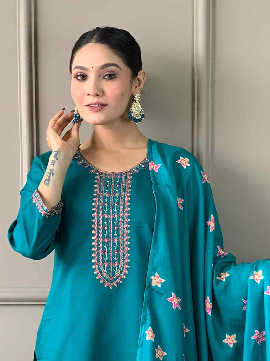 Turquoise Blue Viscose Chanderi Embroidered Festival Casual Ready Pant Salwar Kameez