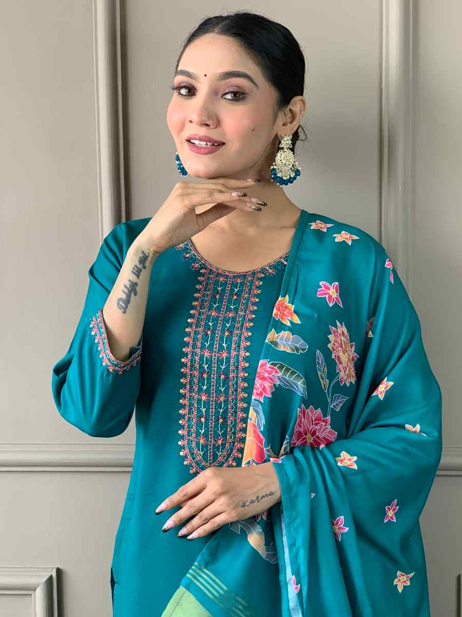 Turquoise Blue Viscose Chanderi Embroidered Festival Casual Ready Pant Salwar Kameez