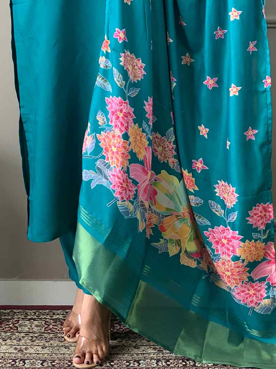 Turquoise Blue Viscose Chanderi Embroidered Festival Casual Ready Pant Salwar Kameez