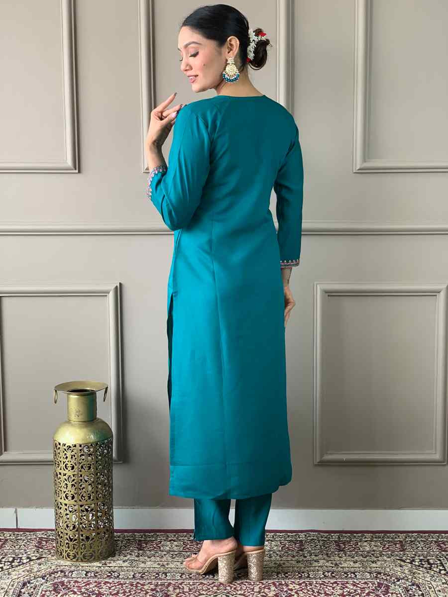 Turquoise Blue Viscose Chanderi Embroidered Festival Casual Ready Pant Salwar Kameez