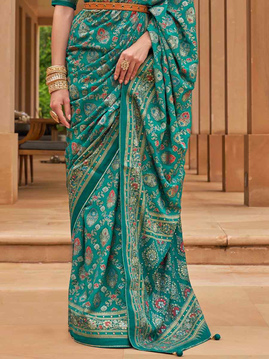 Turquoise Brasso Printed Party Festival Contemporary Saree