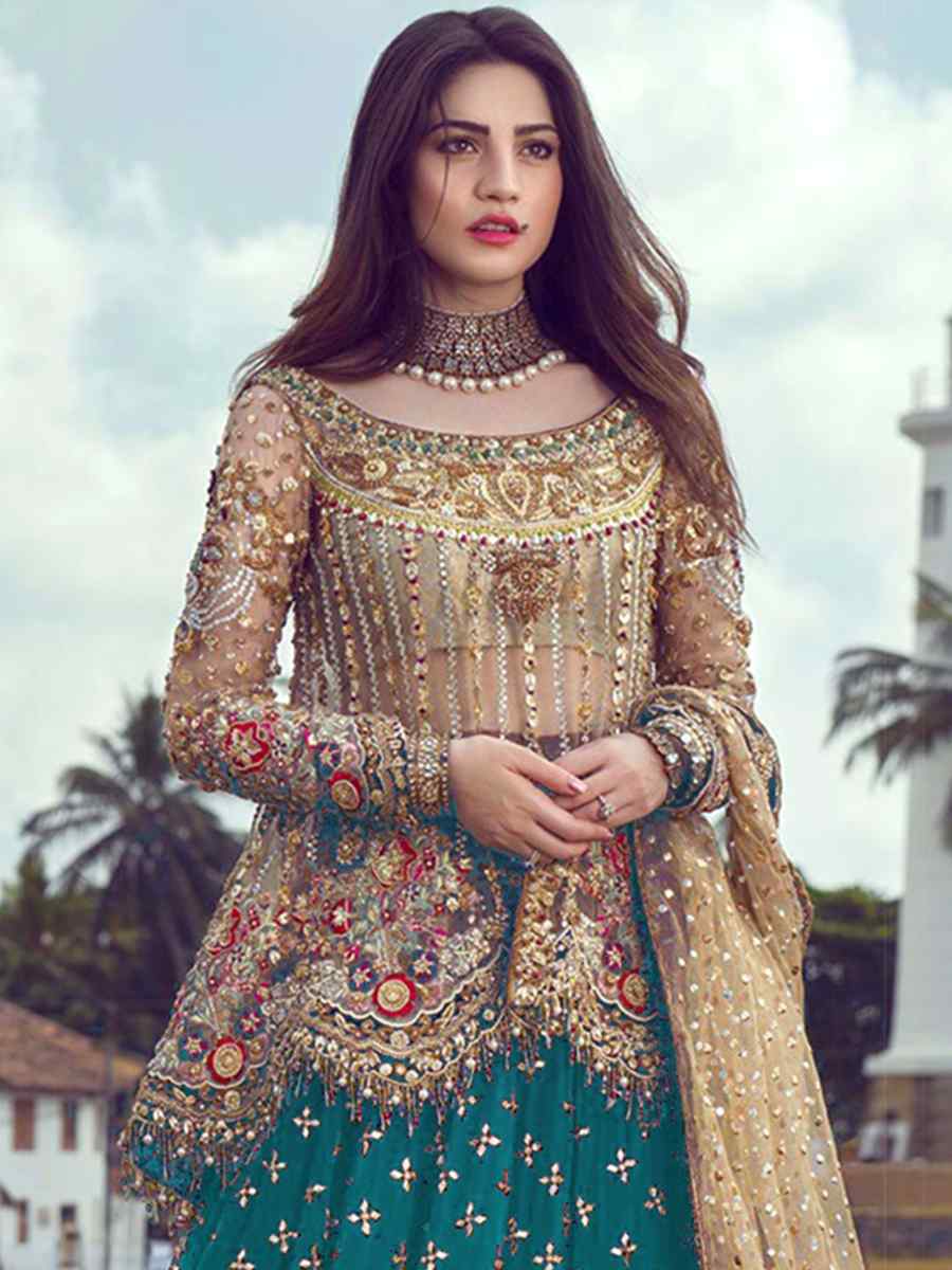 Turquoise Butterfly Net Embroidered Engagement Party Kurti Lehenga Choli