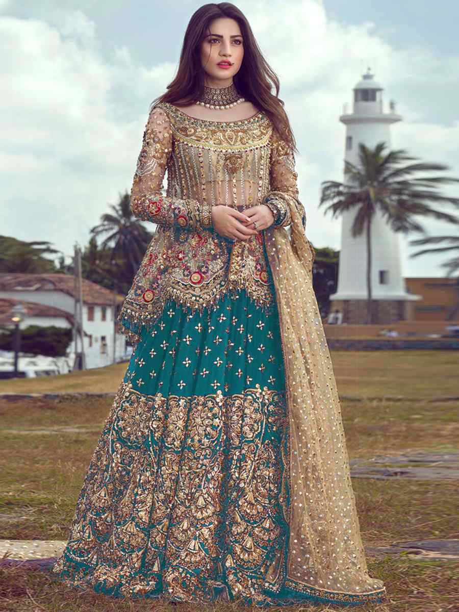 Turquoise Butterfly Net Embroidered Engagement Party Kurti Lehenga Choli