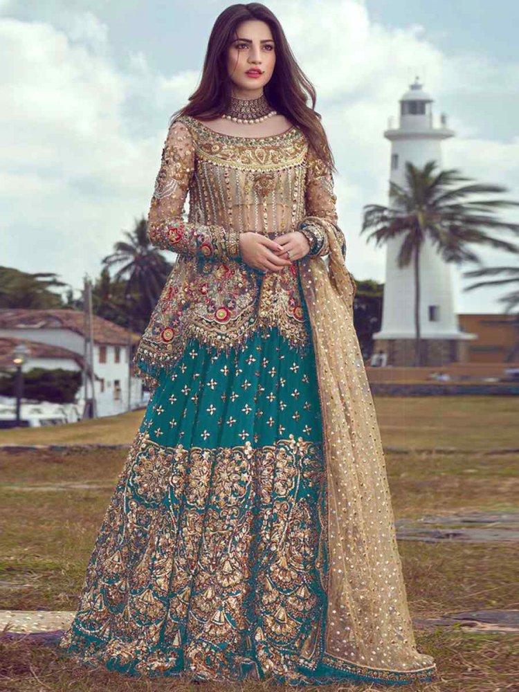 Turquoise Butterfly Net Embroidered Engagement Party Kurti Lehenga Choli