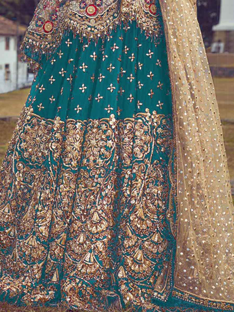 Turquoise Butterfly Net Embroidered Engagement Party Kurti Lehenga Choli