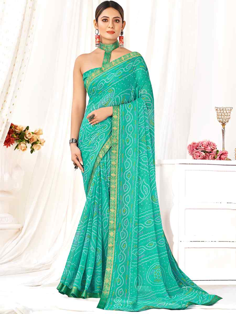 Turquoise Chiffon Printed Casual Festival Contemporary Saree