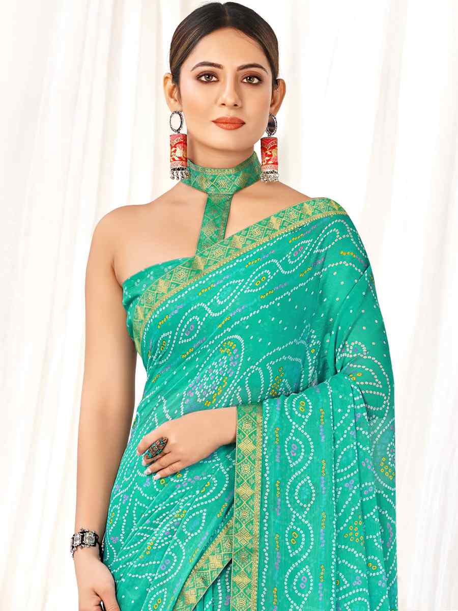 Turquoise Chiffon Printed Casual Festival Contemporary Saree