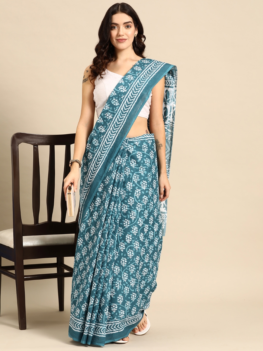 Turquoise Cotton Printed Festival Casual Contemporary Sarees