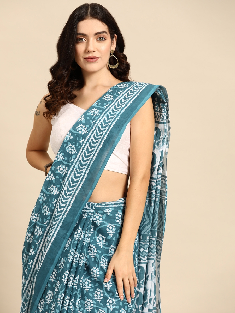 Turquoise Cotton Printed Festival Casual Contemporary Sarees