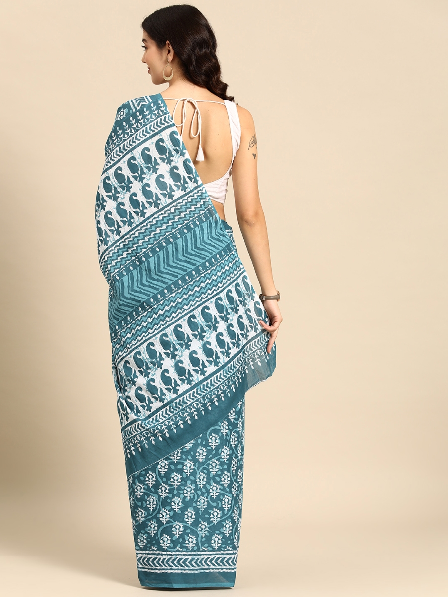Turquoise Cotton Printed Festival Casual Contemporary Sarees