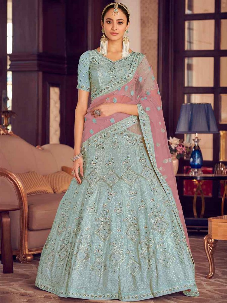 Turquoise Crepe Zari Sequins Bridal Reception Heavy Border Lehenga Choli