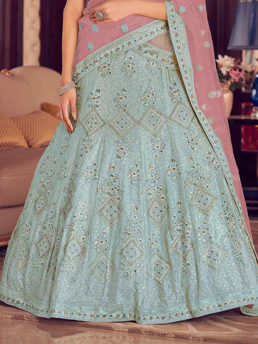Turquoise Crepe Zari Sequins Bridal Reception Heavy Border Lehenga Choli