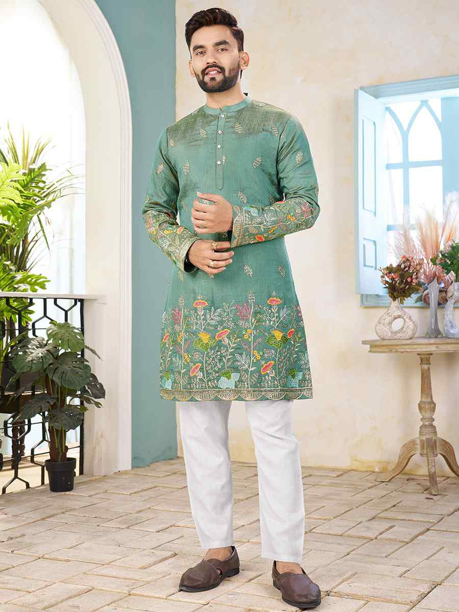 Turquoise Crunchy Silk Embroidery Festival Wedding Party Kurta