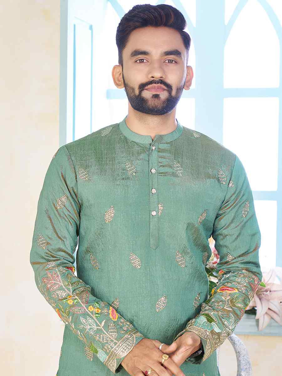 Turquoise Crunchy Silk Embroidery Festival Wedding Party Kurta