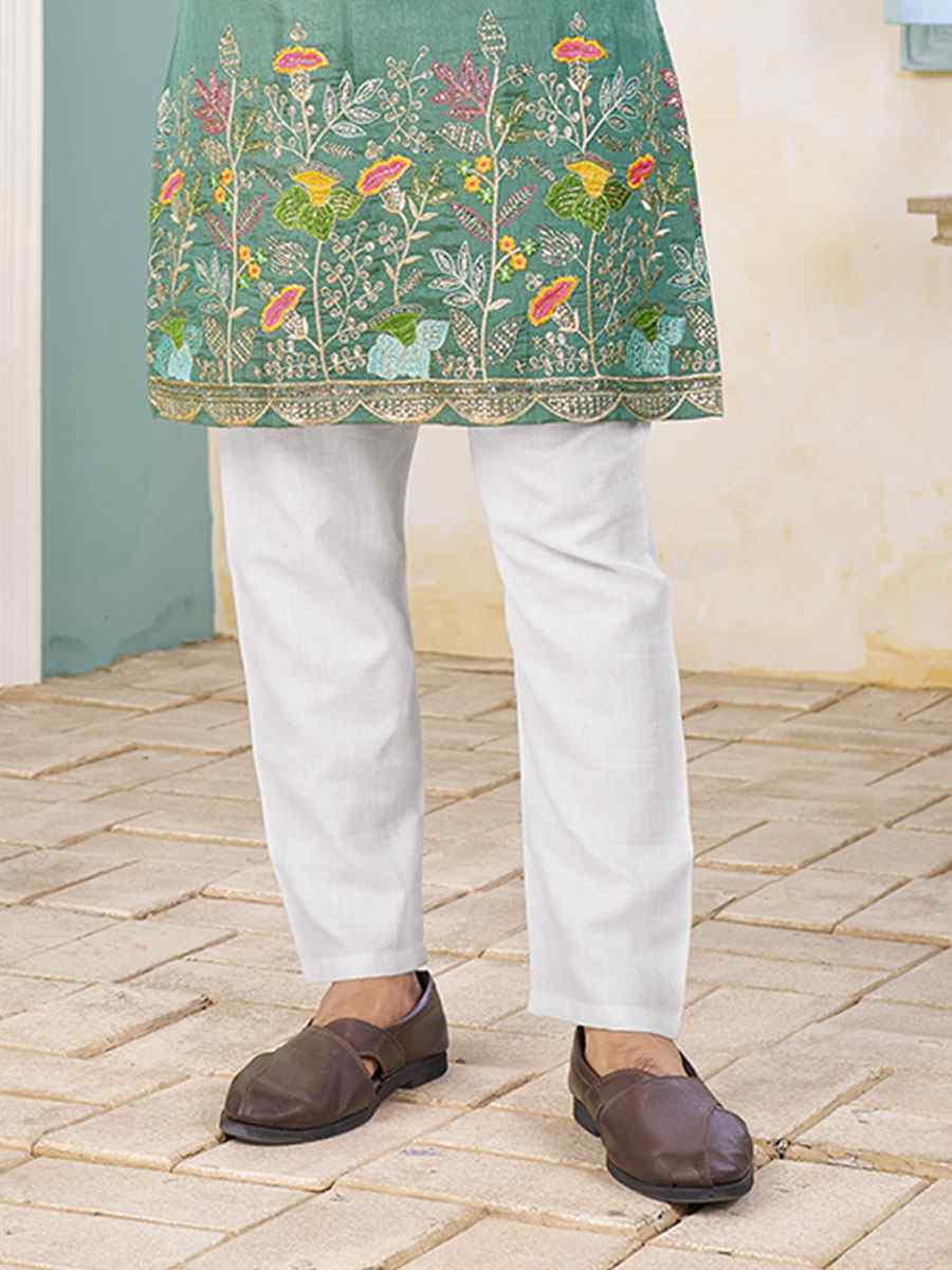 Turquoise Crunchy Silk Embroidery Festival Wedding Party Kurta