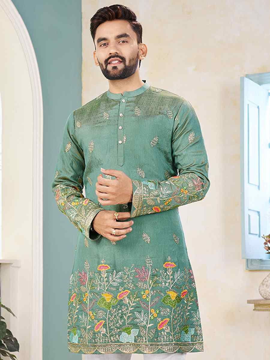 Turquoise Crunchy Silk Embroidery Festival Wedding Party Kurta