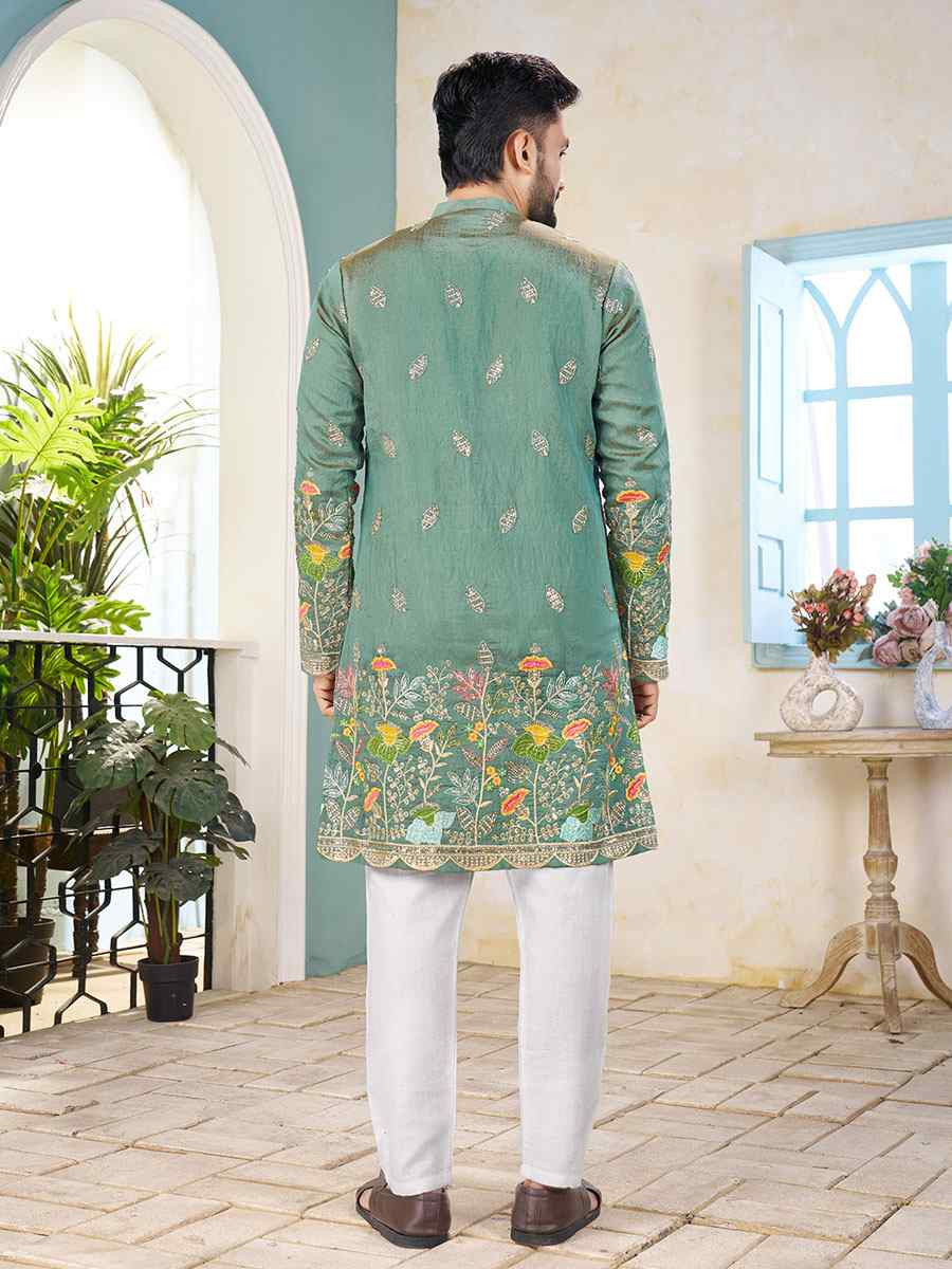 Turquoise Crunchy Silk Embroidery Festival Wedding Party Kurta