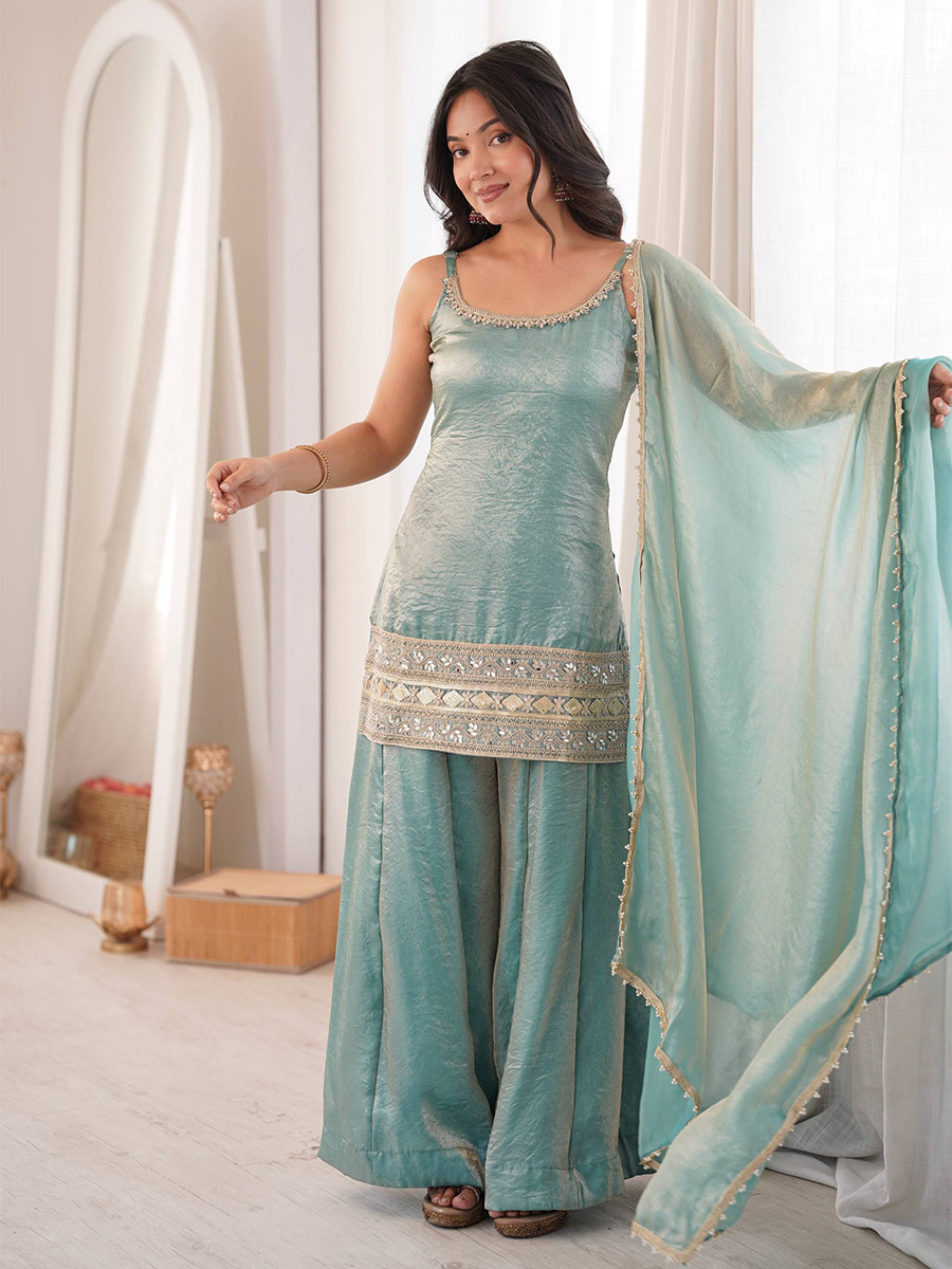 Turquoise Crush Silk Sequins Stone Work Wedding Party Festival Casual Ready Palazzo Pant Salwar Kameez