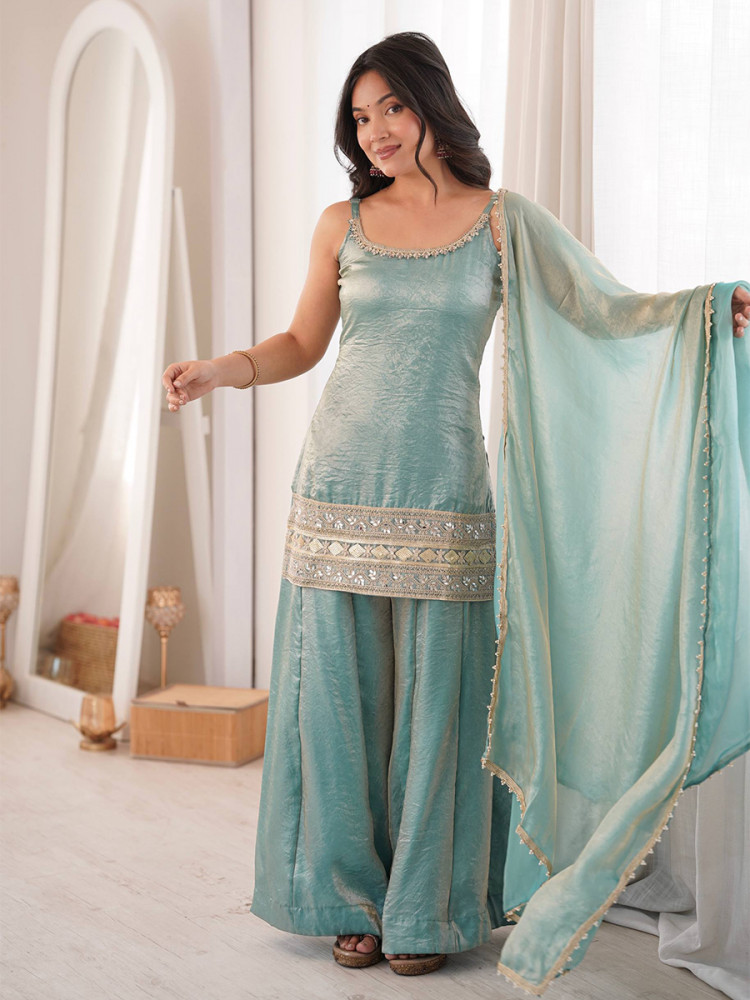 Image of Turquoise Crush Silk Sequins Stone Work Wedding Party Festival Casual Ready Palazzo Pant Salwar Kameez