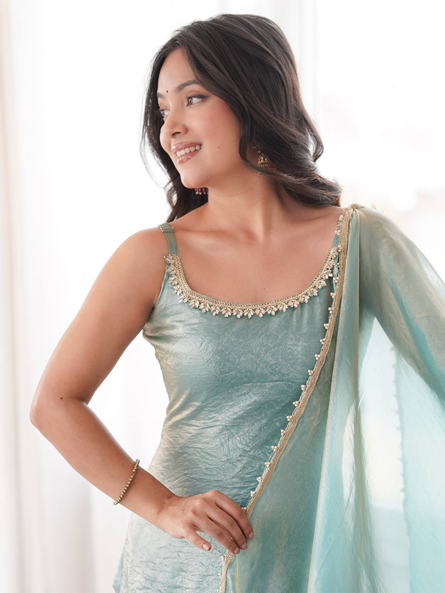Turquoise Crush Silk Sequins Stone Work Wedding Party Festival Casual Ready Palazzo Pant Salwar Kameez