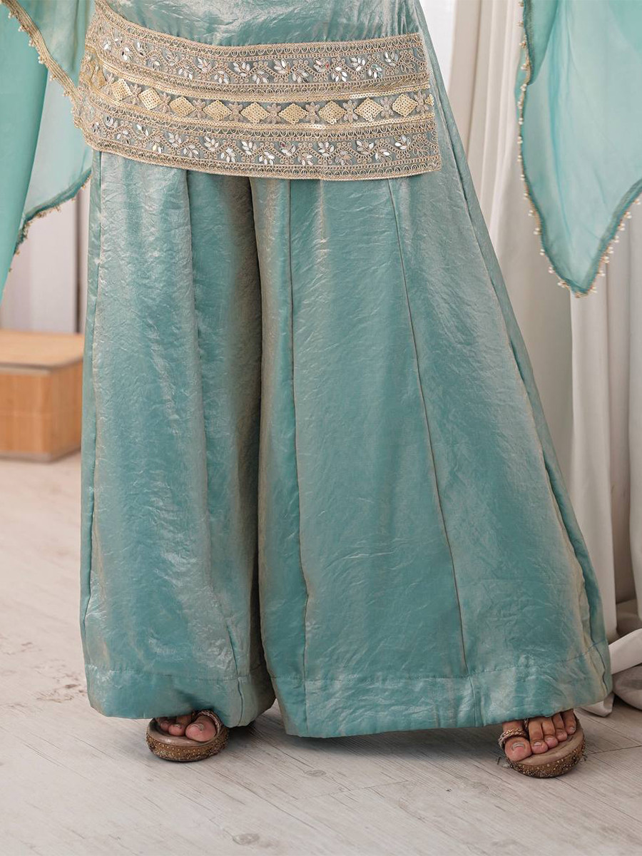 Turquoise Crush Silk Sequins Stone Work Wedding Party Festival Casual Ready Palazzo Pant Salwar Kameez