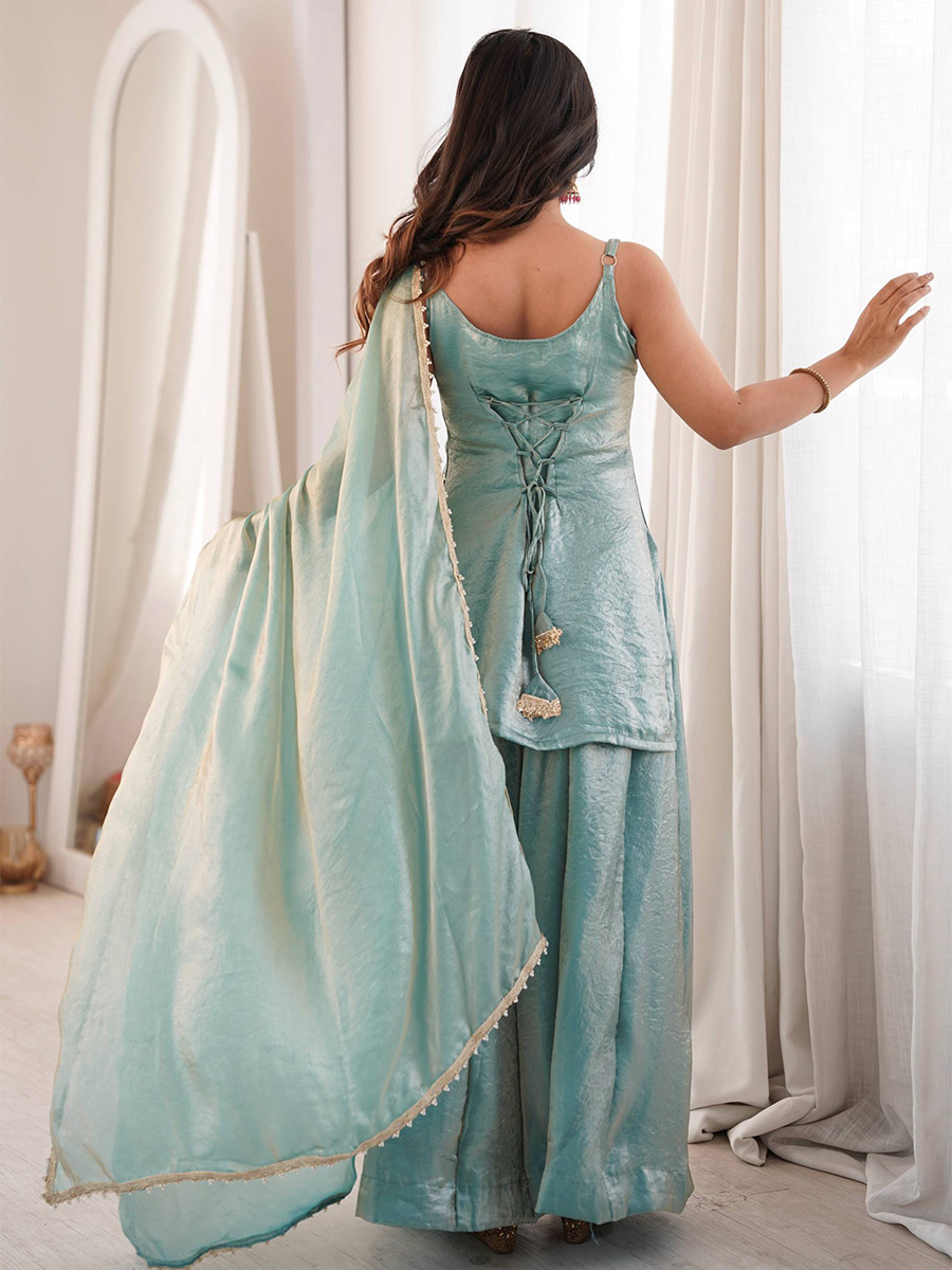 Turquoise Crush Silk Sequins Stone Work Wedding Party Festival Casual Ready Palazzo Pant Salwar Kameez