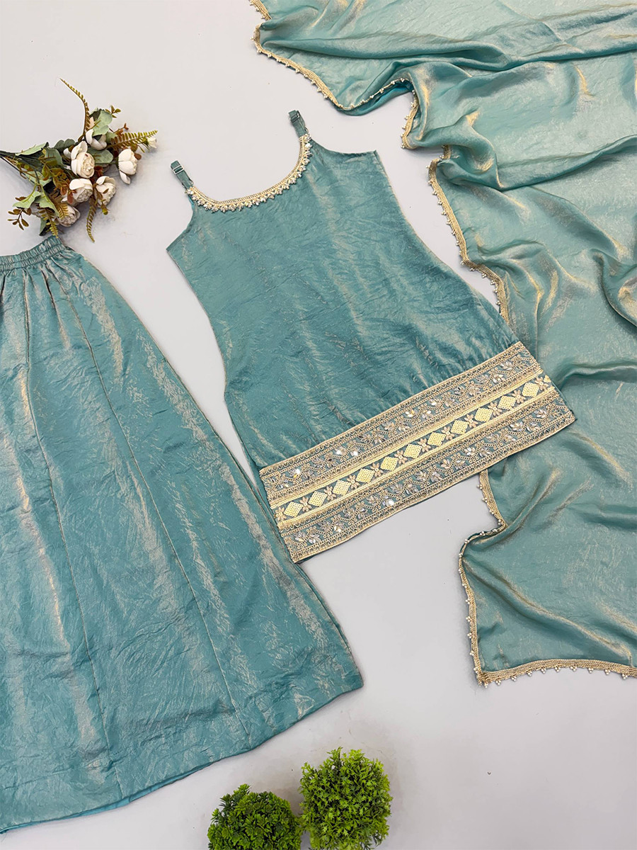 Turquoise Crush Silk Sequins Stone Work Wedding Party Festival Casual Ready Palazzo Pant Salwar Kameez