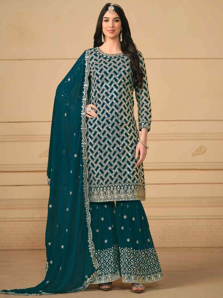 Turquoise Faux Georgette Embroidered Festival Wedding Palazzo Pant Salwar Kameez