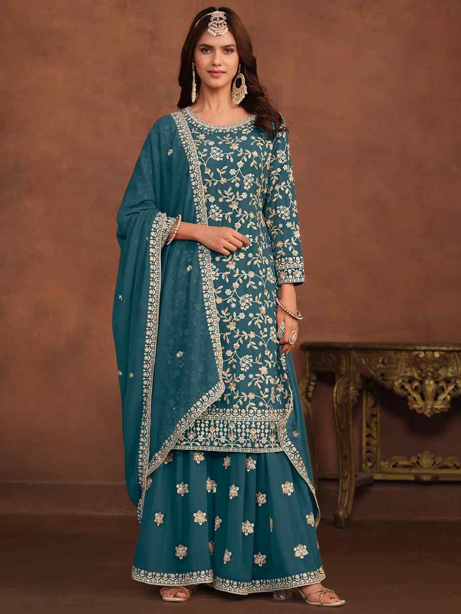 Turquoise Faux Georgette Embroidered Festival Wedding Sharara Pant Salwar Kameez