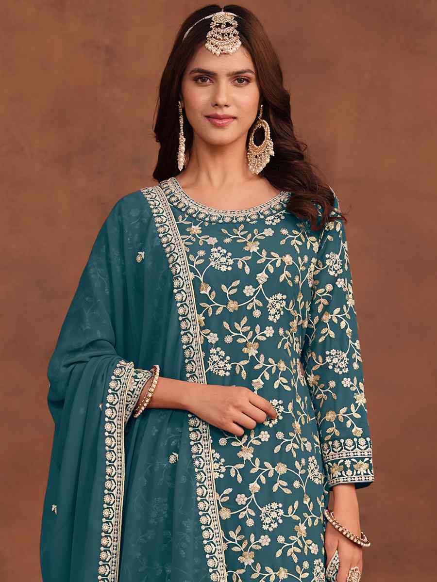Turquoise Faux Georgette Embroidered Festival Wedding Sharara Pant Salwar Kameez