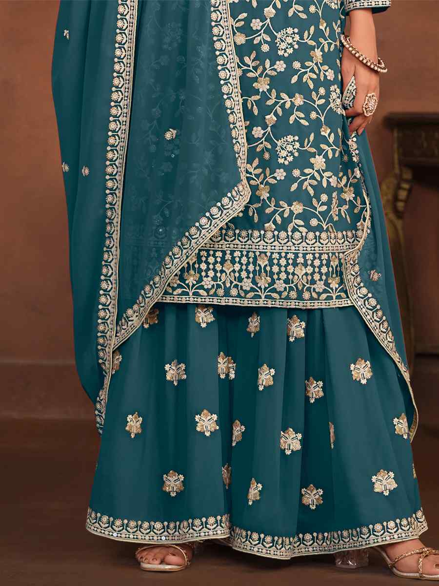 Turquoise Faux Georgette Embroidered Festival Wedding Sharara Pant Salwar Kameez