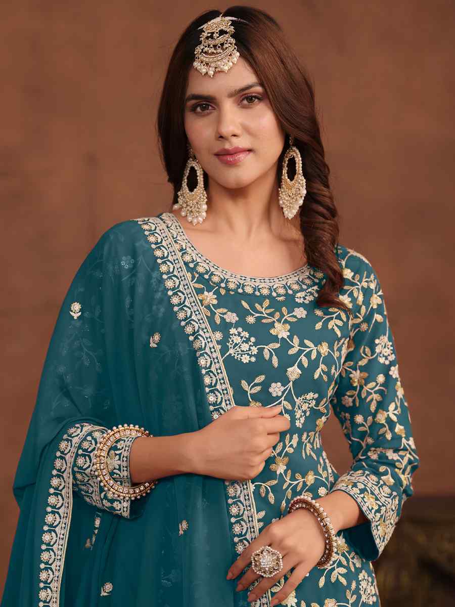 Turquoise Faux Georgette Embroidered Festival Wedding Sharara Pant Salwar Kameez