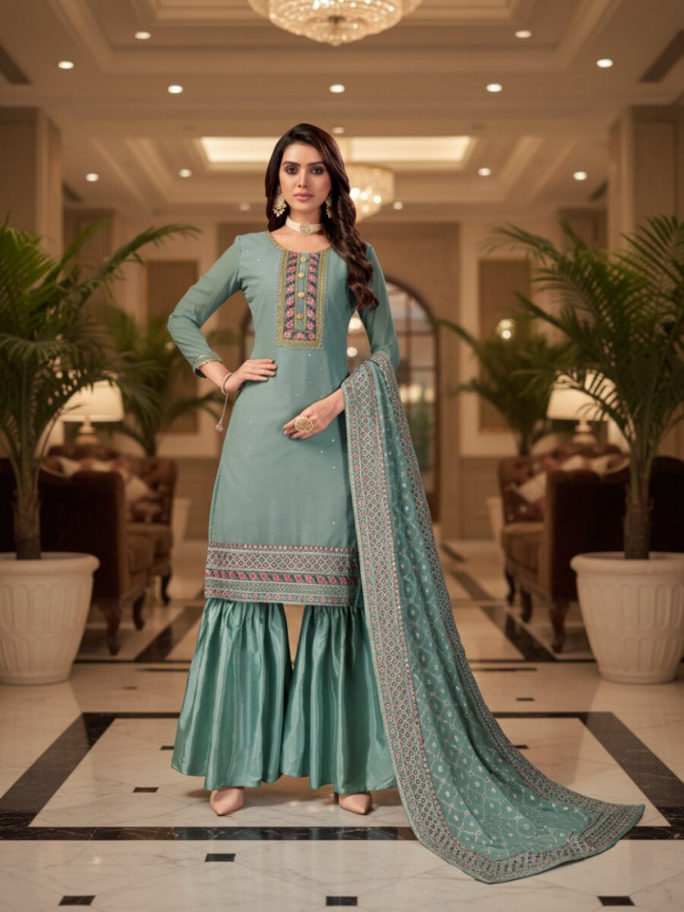 Image of Turquoise Faux Georgette Embroidery Wedding Party Festival Casual Sharara Pant Salwar Kameez