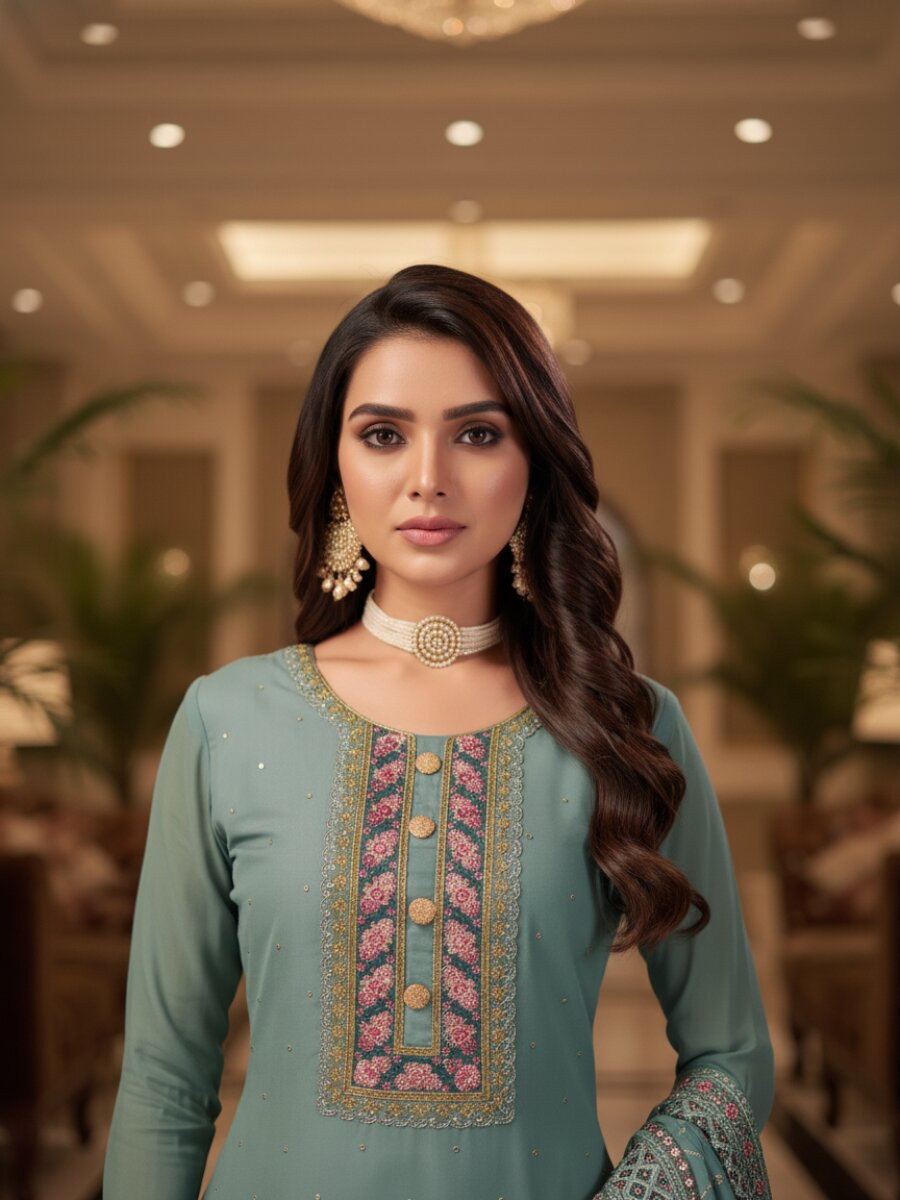 Turquoise Faux Georgette Embroidery Wedding Party Festival Casual Sharara Pant Salwar Kameez