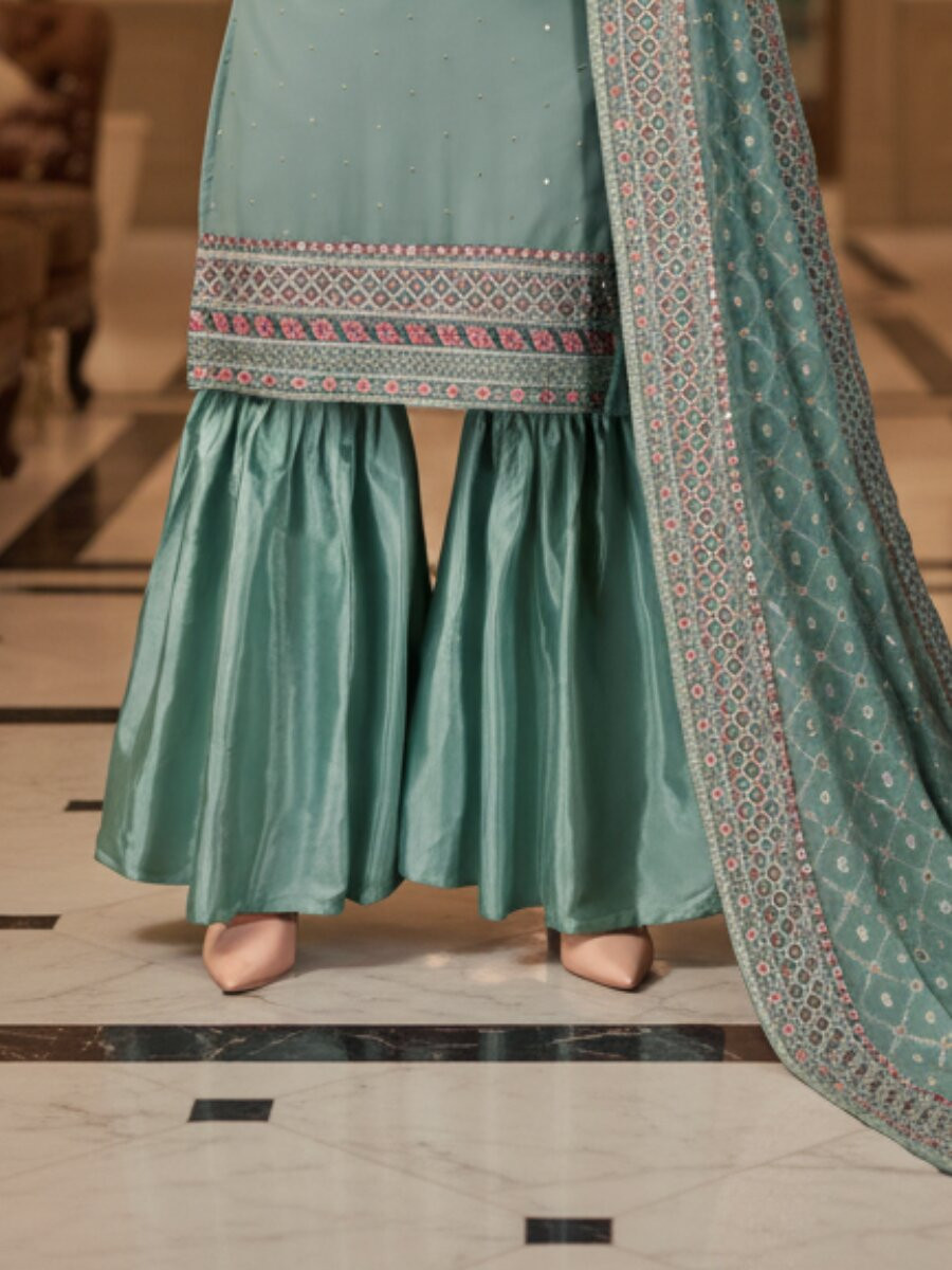 Turquoise Faux Georgette Embroidery Wedding Party Festival Casual Sharara Pant Salwar Kameez