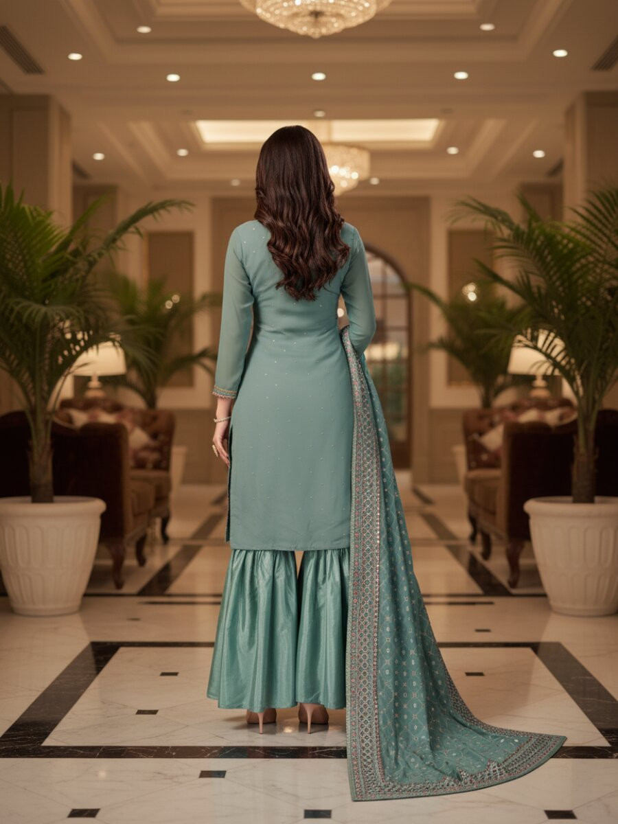 Turquoise Faux Georgette Embroidery Wedding Party Festival Casual Sharara Pant Salwar Kameez