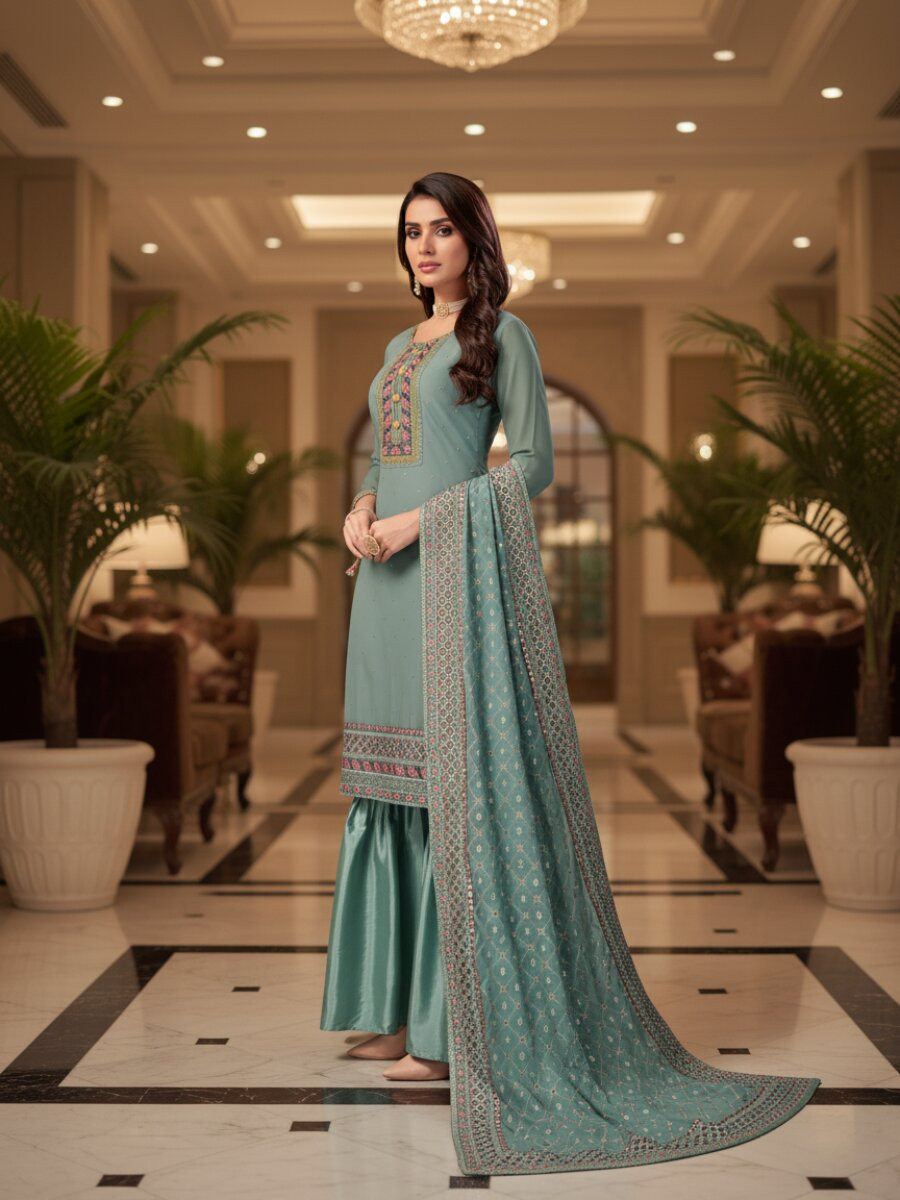 Turquoise Faux Georgette Embroidery Wedding Party Festival Casual Sharara Pant Salwar Kameez