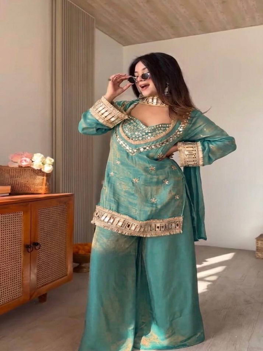 Turquoise Fendi Silk Embroidery Zari Lace Work Wedding Party Festival Casual Ready Palazzo Pant Salwar Kameez