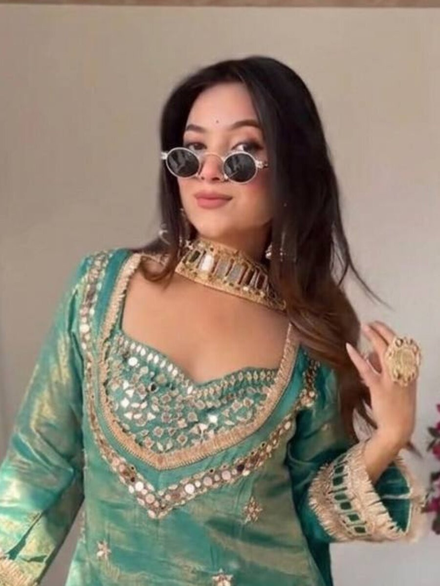 Turquoise Fendi Silk Embroidery Zari Lace Work Wedding Party Festival Casual Ready Palazzo Pant Salwar Kameez