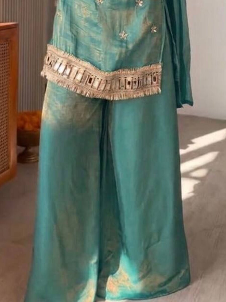 Turquoise Fendi Silk Embroidery Zari Lace Work Wedding Party Festival Casual Ready Palazzo Pant Salwar Kameez