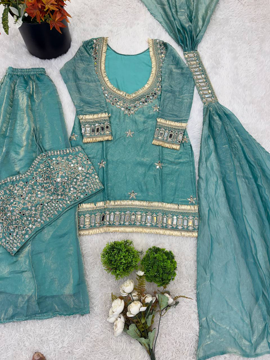 Turquoise Fendi Silk Embroidery Zari Lace Work Wedding Party Festival Casual Ready Palazzo Pant Salwar Kameez