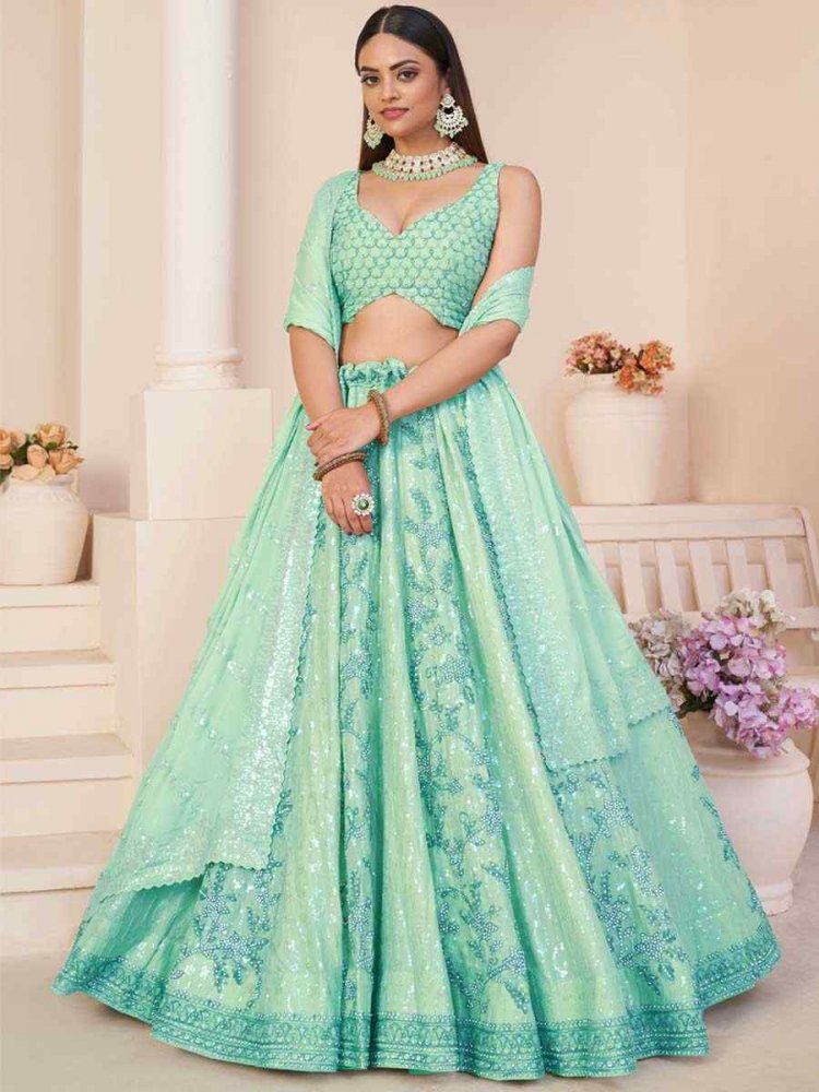 Turquoise Georgette Embroidered Bridal Reception Heavy Border Lehenga Choli
